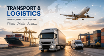Transport- und Logistikprozess mit Lkw, Lagerhallen und Warenbewegung durch Europa in der Lieferkette